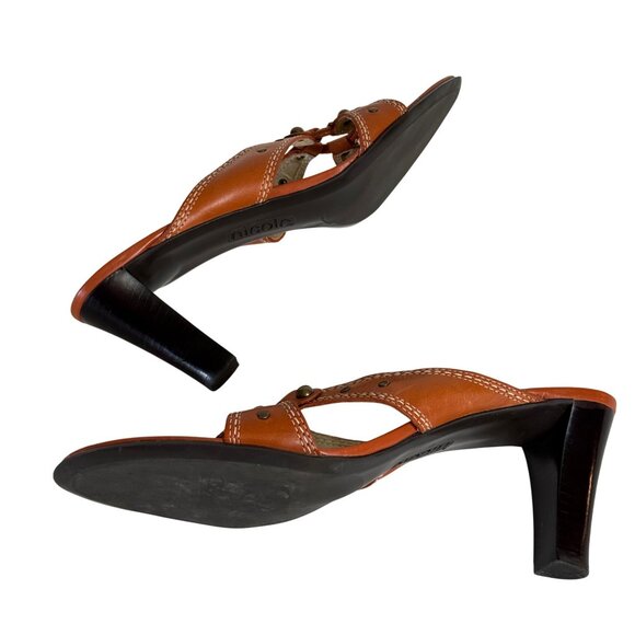 Nicole Rust Orange Sandals Sz 8.5 Leather High Heel Open Toe Cutouts Brass Studs - Picture 7 of 15